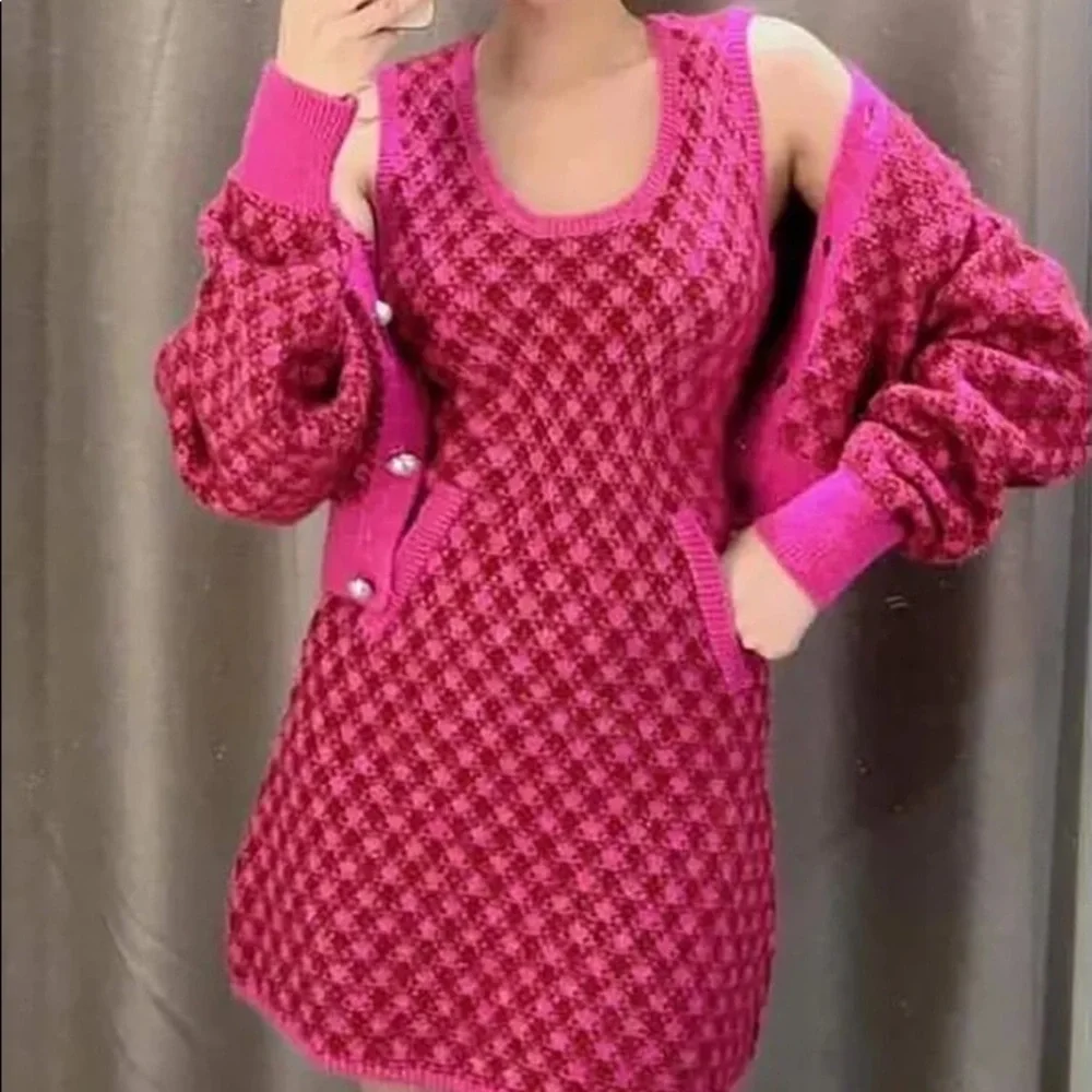 Zara PLAID KNIT Sleeveless Mini A-Line Dress w/ Round Neckline Size S Pink NEW - Picture 6 of 16